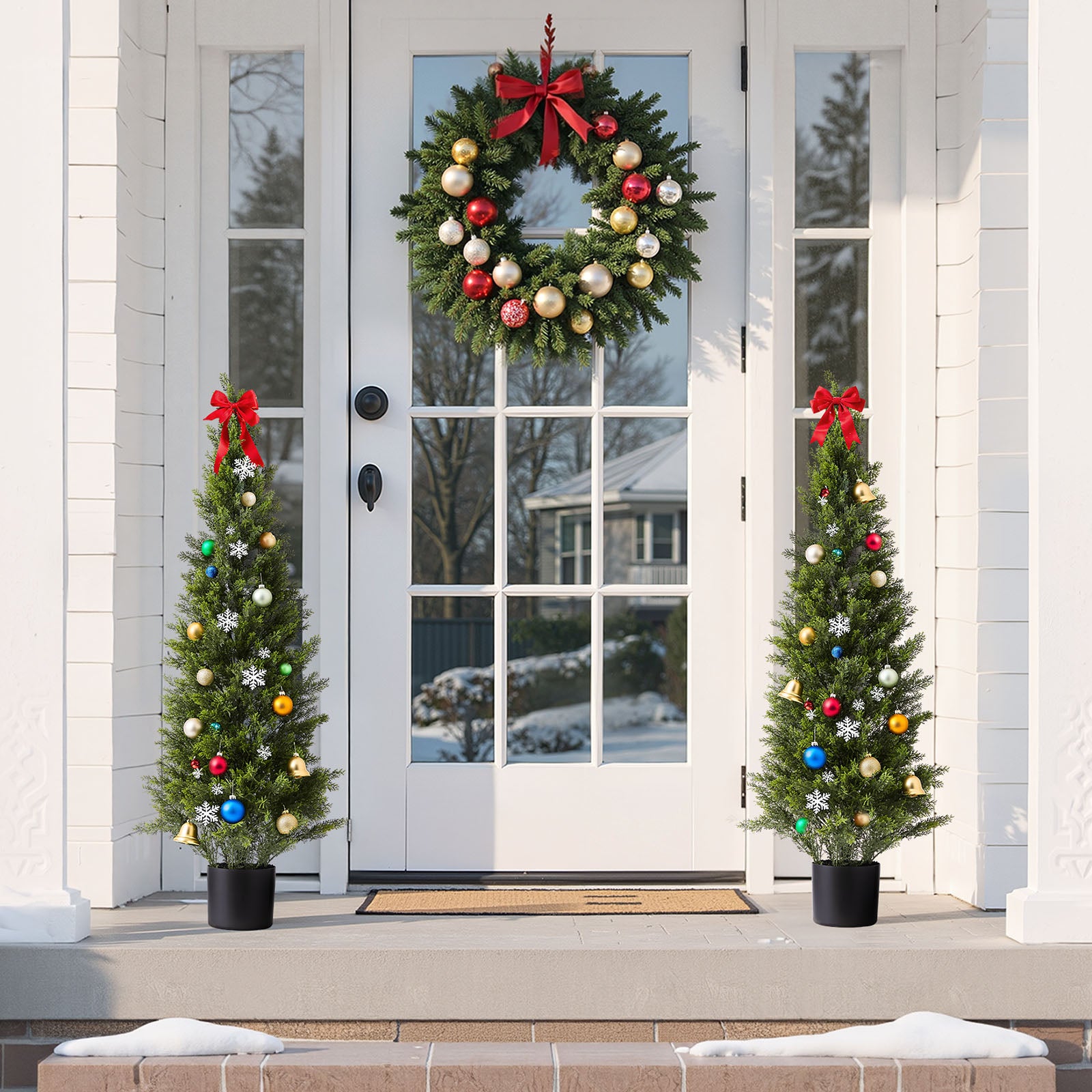 Artificial Topiary Cedar Trees, 48 inch 2 Set Faux Pine Shrubs Plants, Fake Silk Tree Look Real, Easy Assembly for Decor Front Porch Outdoor Patio Garden Balcony Backyard Indoor Office
