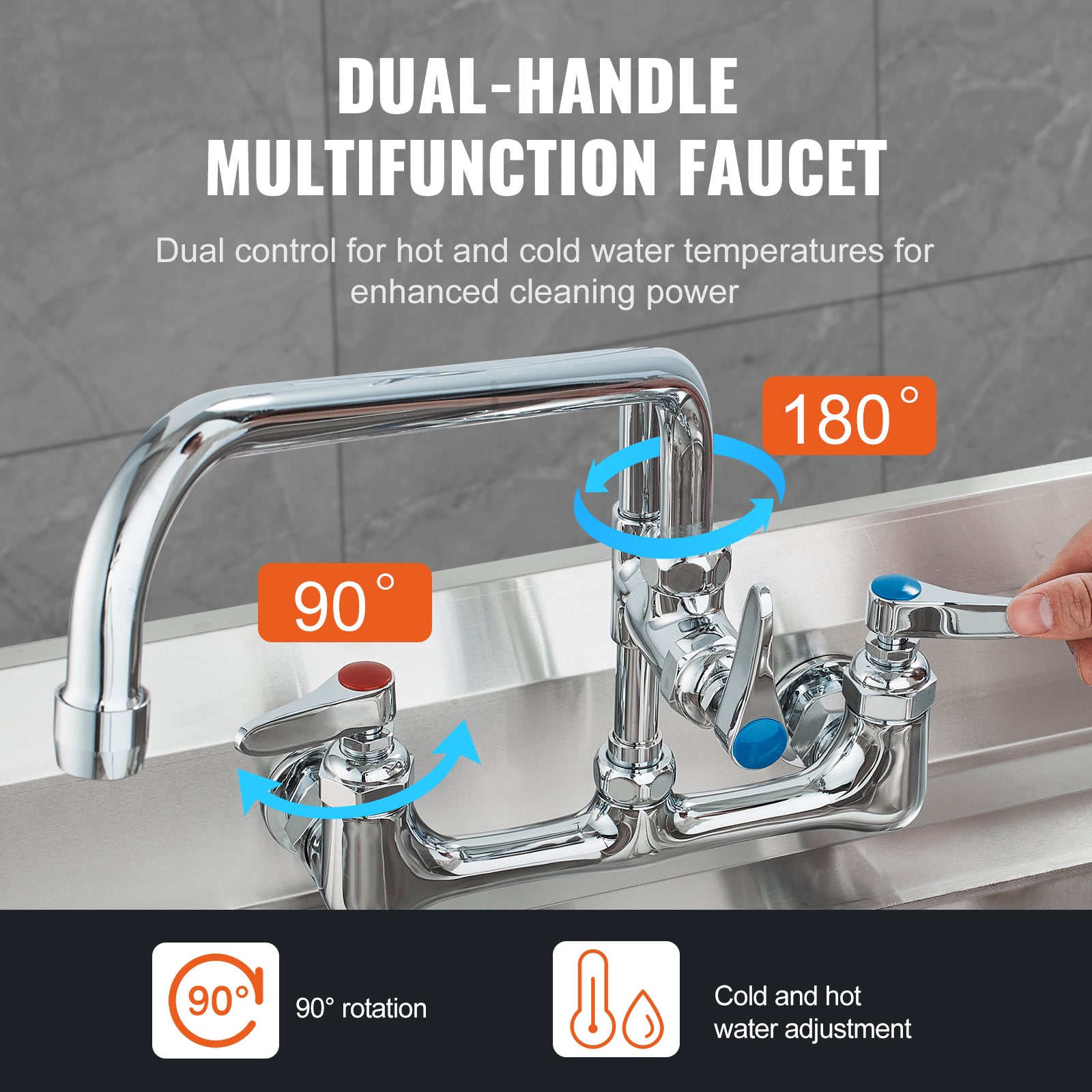 Commercial Faucet with Pre-Rinse Sprayer, 25" Height, 8" Center, 12" Swing Spout, Wall Mount Kitchen Sink Faucet, Brass Constructed Device with Pull Down Spray, for 1/2/3 Compartment Sink