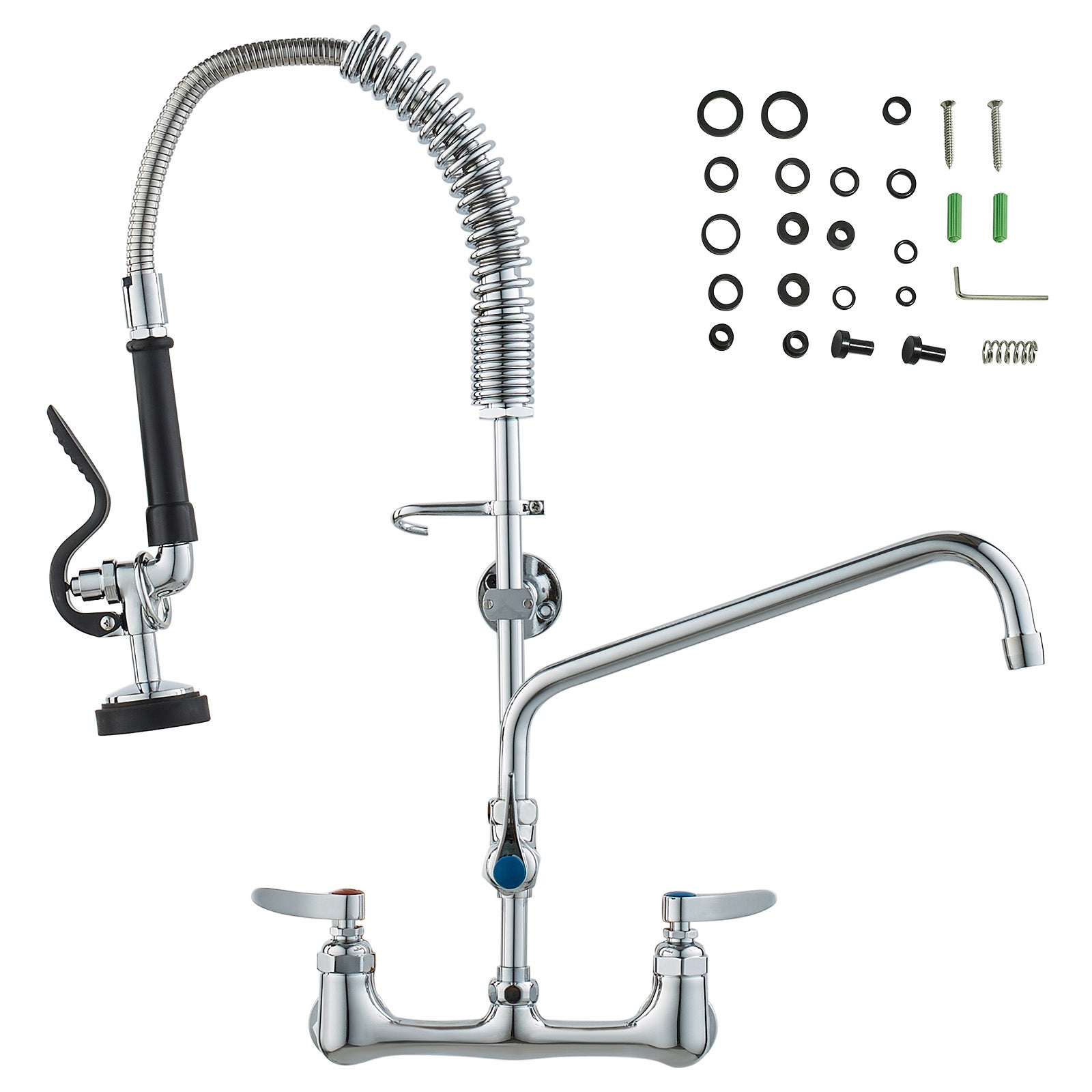 Commercial Faucet with Pre-Rinse Sprayer, 25" Height, 8" Center, 12" Swing Spout, Wall Mount Kitchen Sink Faucet, Brass Constructed Device with Pull Down Spray, for 1/2/3 Compartment Sink