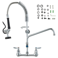 Commercial Faucet with Pre-Rinse Sprayer, 25" Height, 8" Center, 12" Swing Spout, Wall Mount Kitchen Sink Faucet, Brass Constructed Device with Pull Down Spray, for 1/2/3 Compartment Sink