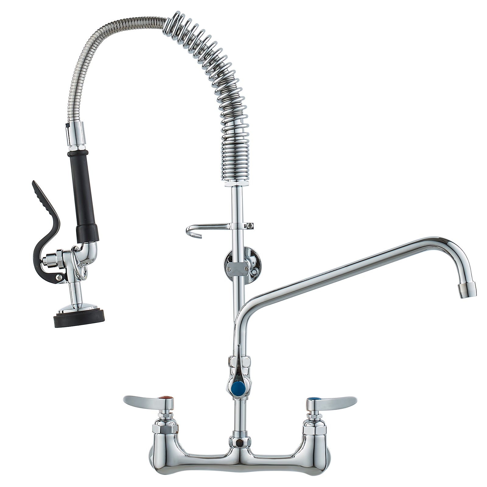 Commercial Faucet with Pre-Rinse Sprayer, 25" Height, 8" Center, 12" Swing Spout, Wall Mount Kitchen Sink Faucet, Brass Constructed Device with Pull Down Spray, for 1/2/3 Compartment Sink