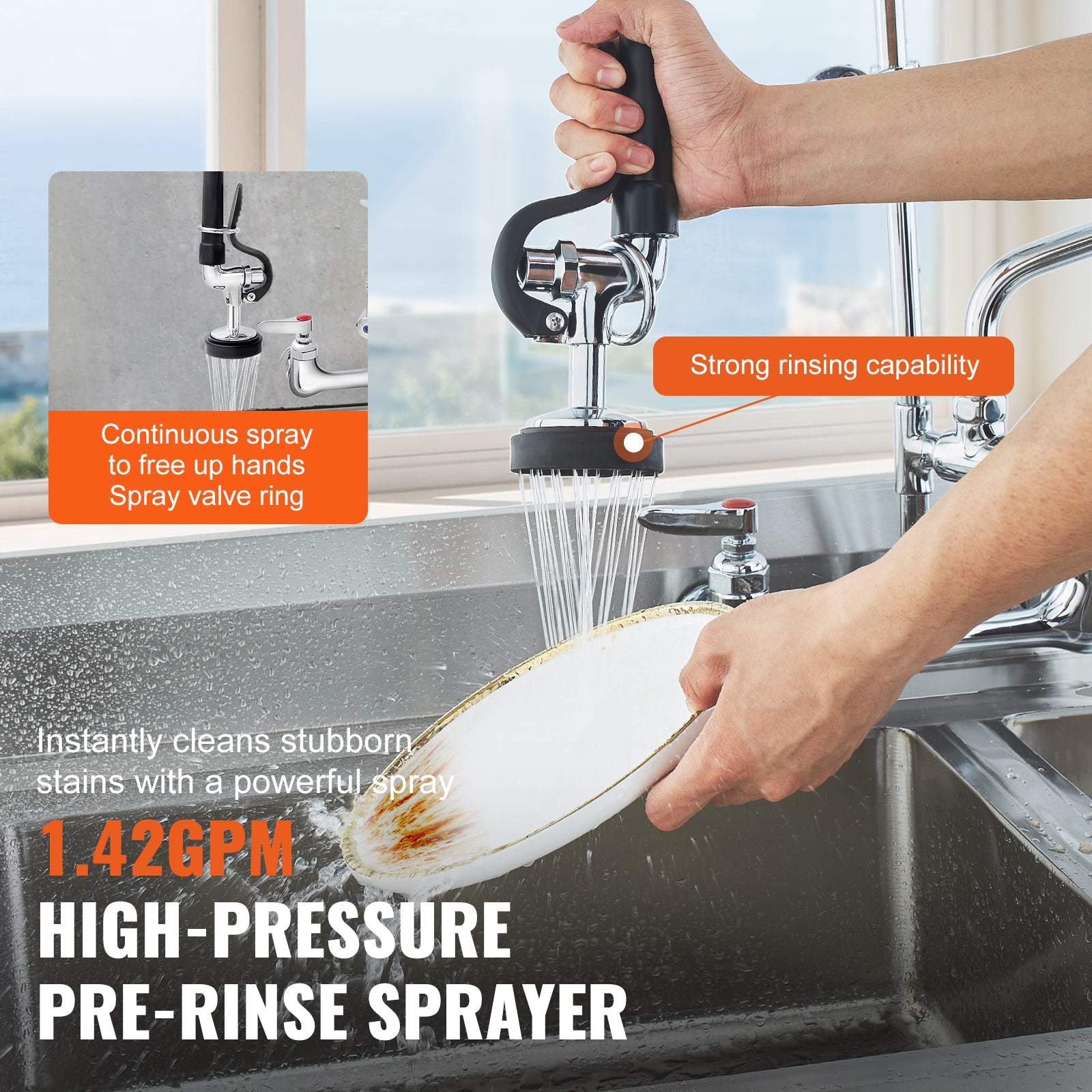 Commercial Faucet with Pre-Rinse Sprayer, 25" Height, 8" Center, 12" Swing Spout, Wall Mount Kitchen Sink Faucet, Brass Constructed Device with Pull Down Spray, for 1/2/3 Compartment Sink