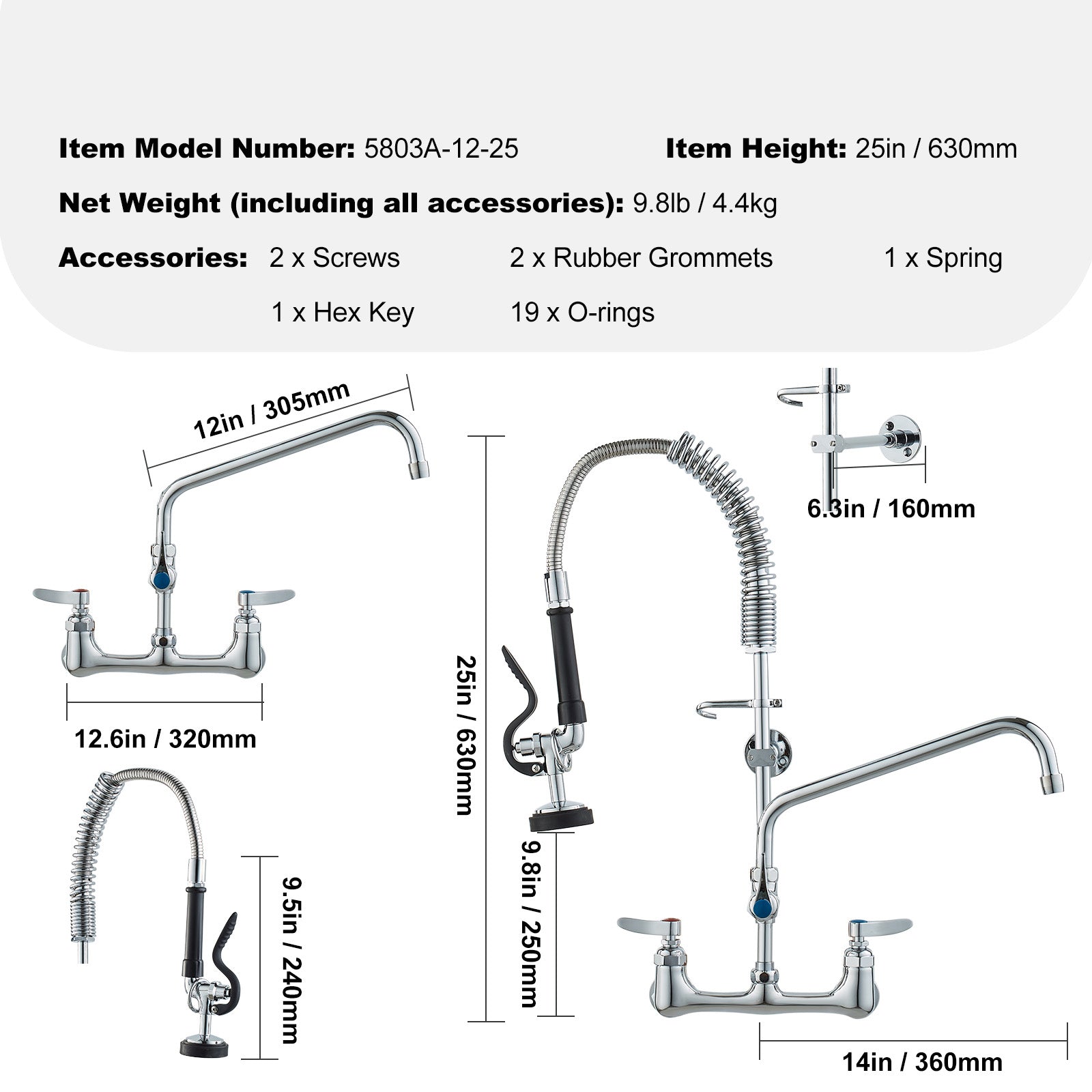 Commercial Faucet with Pre-Rinse Sprayer, 25" Height, 8" Center, 12" Swing Spout, Wall Mount Kitchen Sink Faucet, Brass Constructed Device with Pull Down Spray, for 1/2/3 Compartment Sink