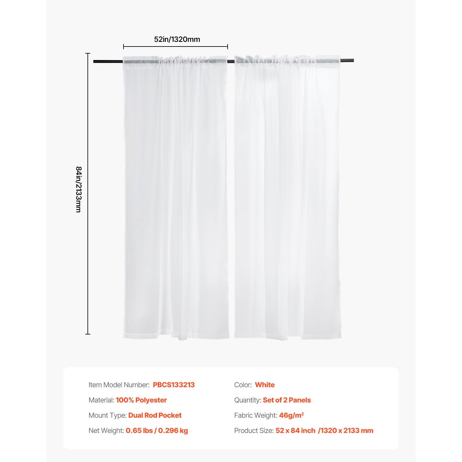 Sheer Curtains 52 W x 84 L inches 2 Panels Window Drapes Rod Pocket Polyester