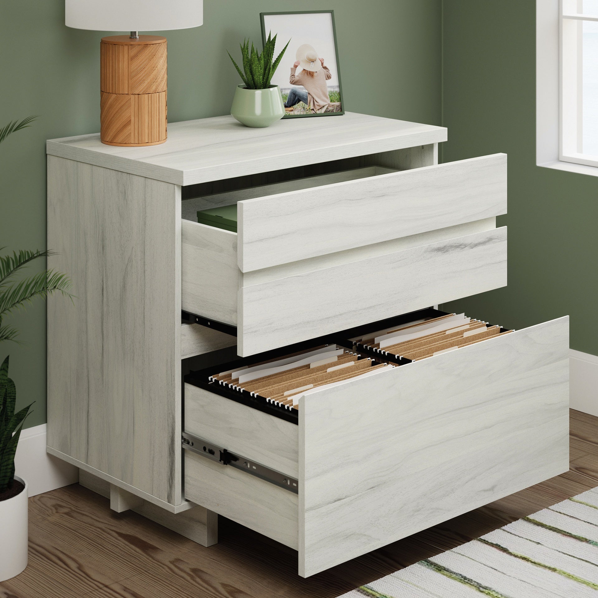 Lateral File with Large Drawers, Off White and Gray finish