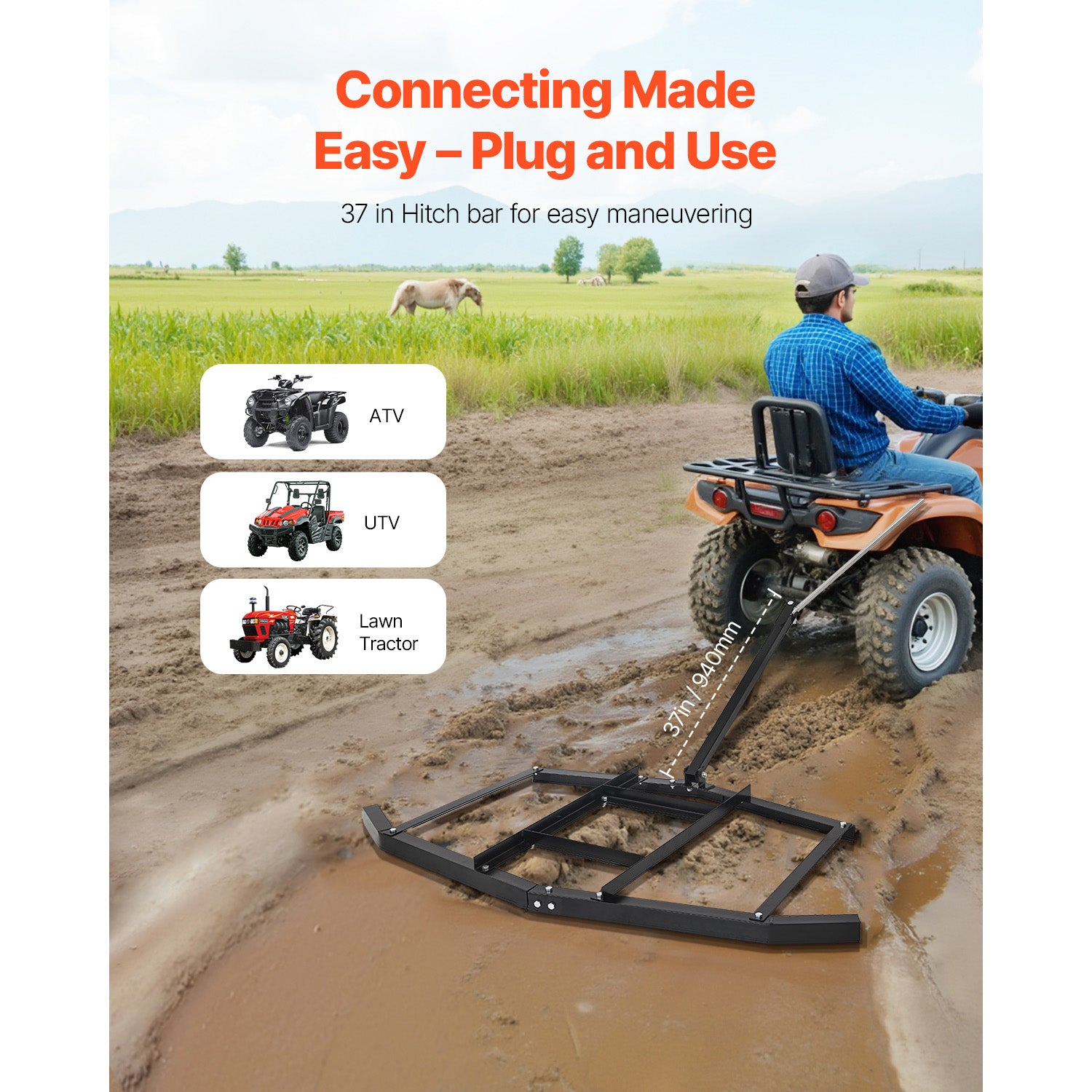 Drag Harrow 66" Width Tow Behind Drag Harrow Steel Gravel Grader ATV UTV