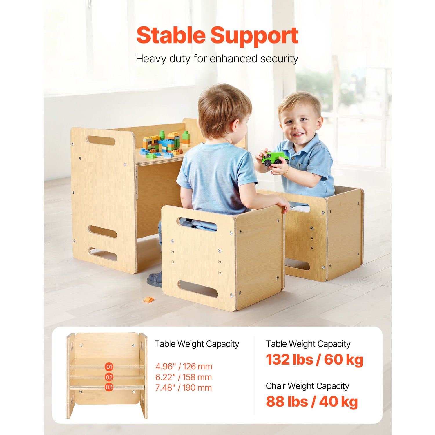 Montessori Weaning Table and Chair Set, Wooden Toddler Table and Chair Set with 2 Chairs, Adjustable Height Montessori Chair and Activity Table, Ideal for Reading, Eating, Playing - Natural