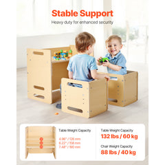 Montessori Weaning Table and Chair Set, Wooden Toddler Table and Chair Set with 2 Chairs, Adjustable Height Montessori Chair and Activity Table, Ideal for Reading, Eating, Playing - Natural