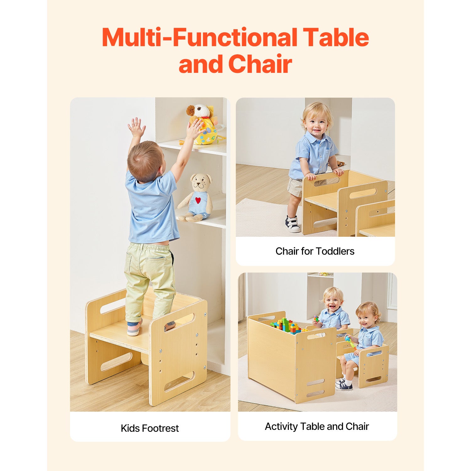 Montessori Weaning Table and Chair Set, Wooden Toddler Table and Chair Set with 2 Chairs, Adjustable Height Montessori Chair and Activity Table, Ideal for Reading, Eating, Playing - Natural