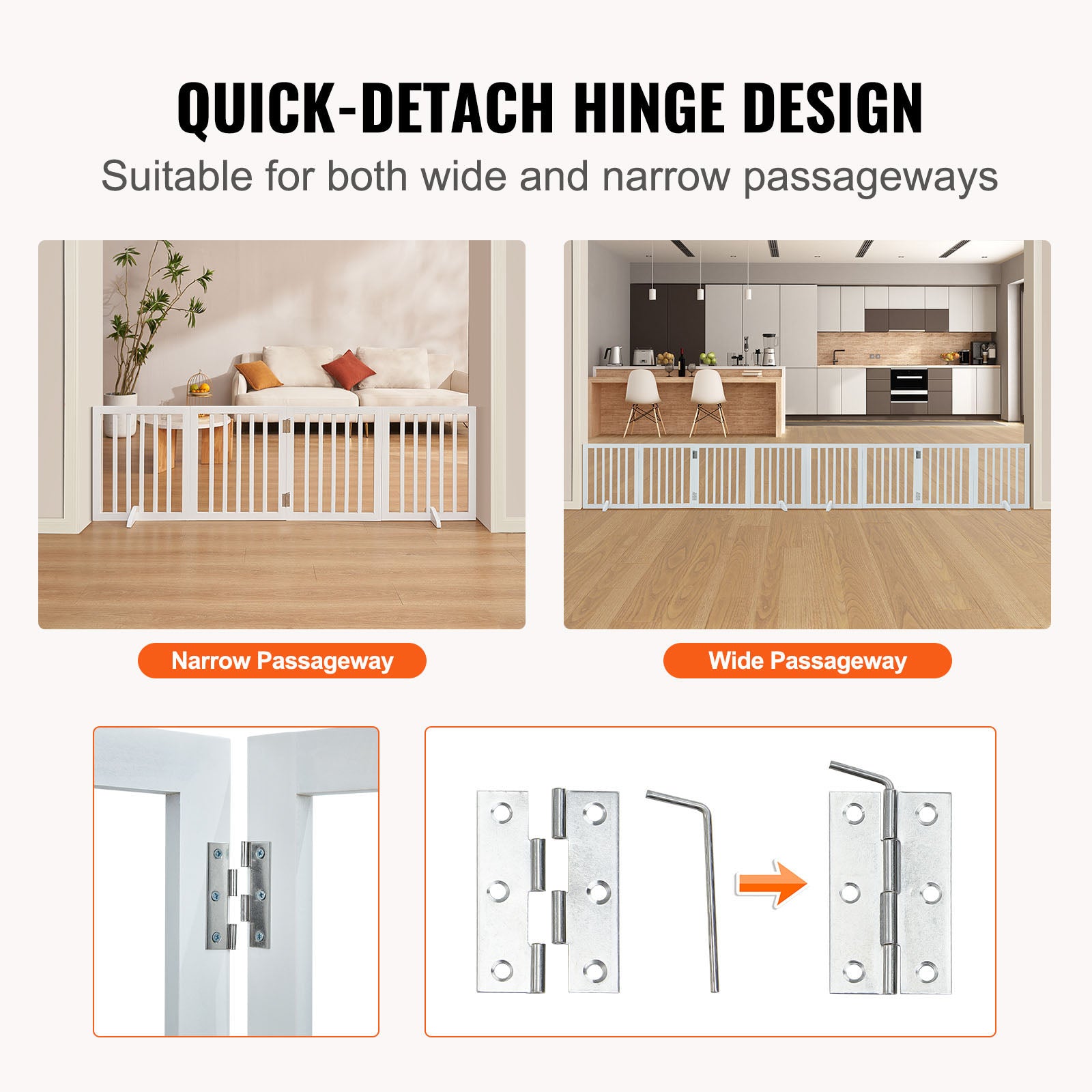 Free Standing Dog Gate, 24" H x 80.3" W Freestanding Pet Gate, 4 Panels Foldable Dog Gate for Wide and Narrow Passageways, Expandable Dog Barrier with Silent Foot Support for Indoor, White