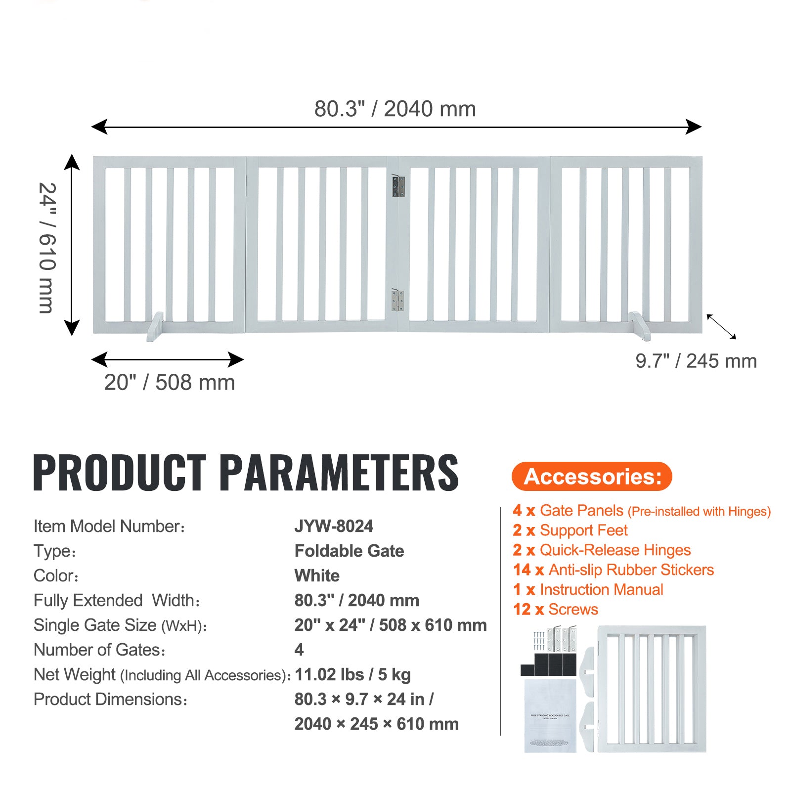 Free Standing Dog Gate, 24" H x 80.3" W Freestanding Pet Gate, 4 Panels Foldable Dog Gate for Wide and Narrow Passageways, Expandable Dog Barrier with Silent Foot Support for Indoor, White