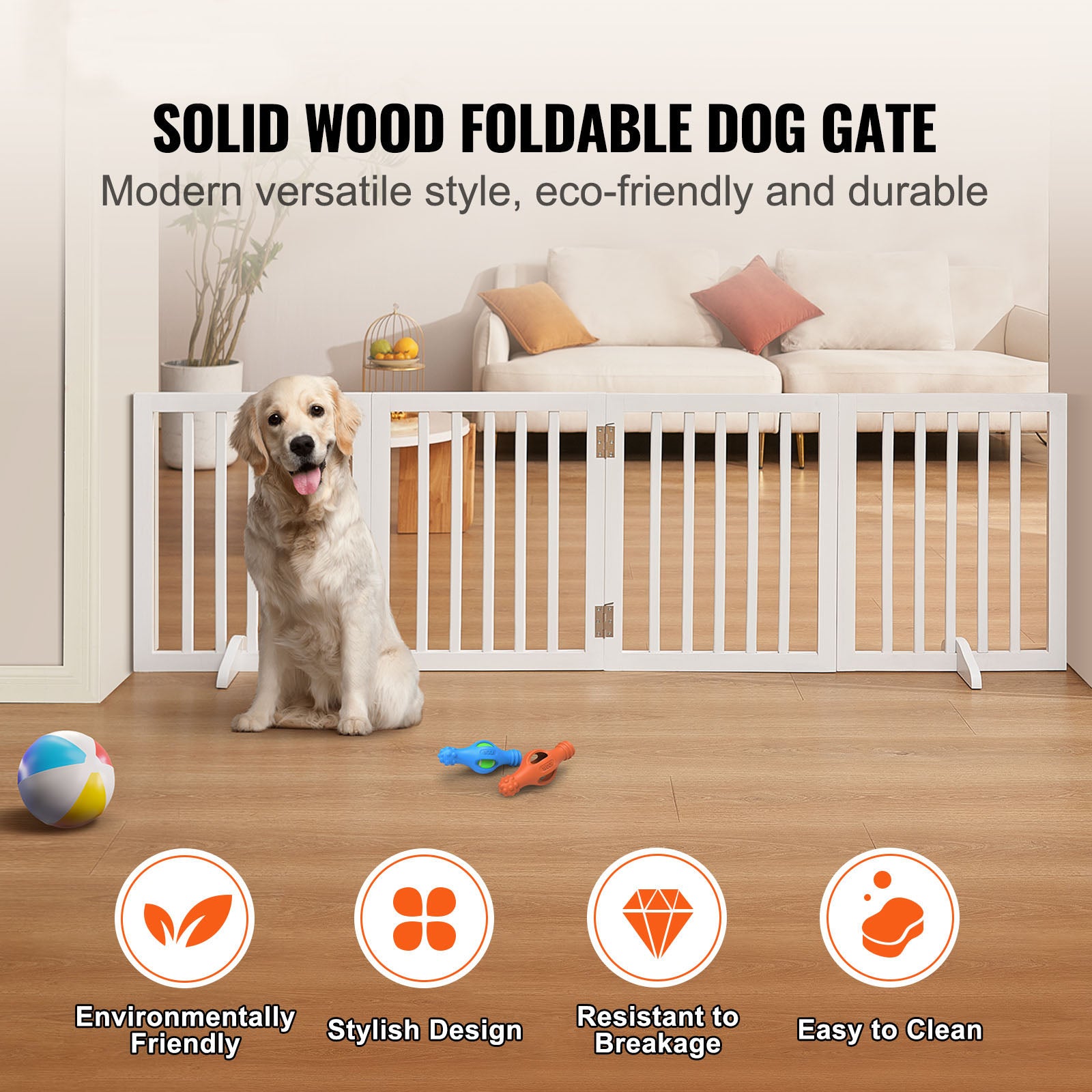 Free Standing Dog Gate, 24" H x 80.3" W Freestanding Pet Gate, 4 Panels Foldable Dog Gate for Wide and Narrow Passageways, Expandable Dog Barrier with Silent Foot Support for Indoor, White
