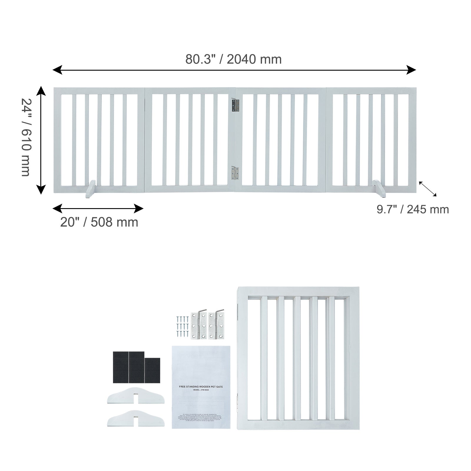 Free Standing Dog Gate, 24" H x 80.3" W Freestanding Pet Gate, 4 Panels Foldable Dog Gate for Wide and Narrow Passageways, Expandable Dog Barrier with Silent Foot Support for Indoor, White