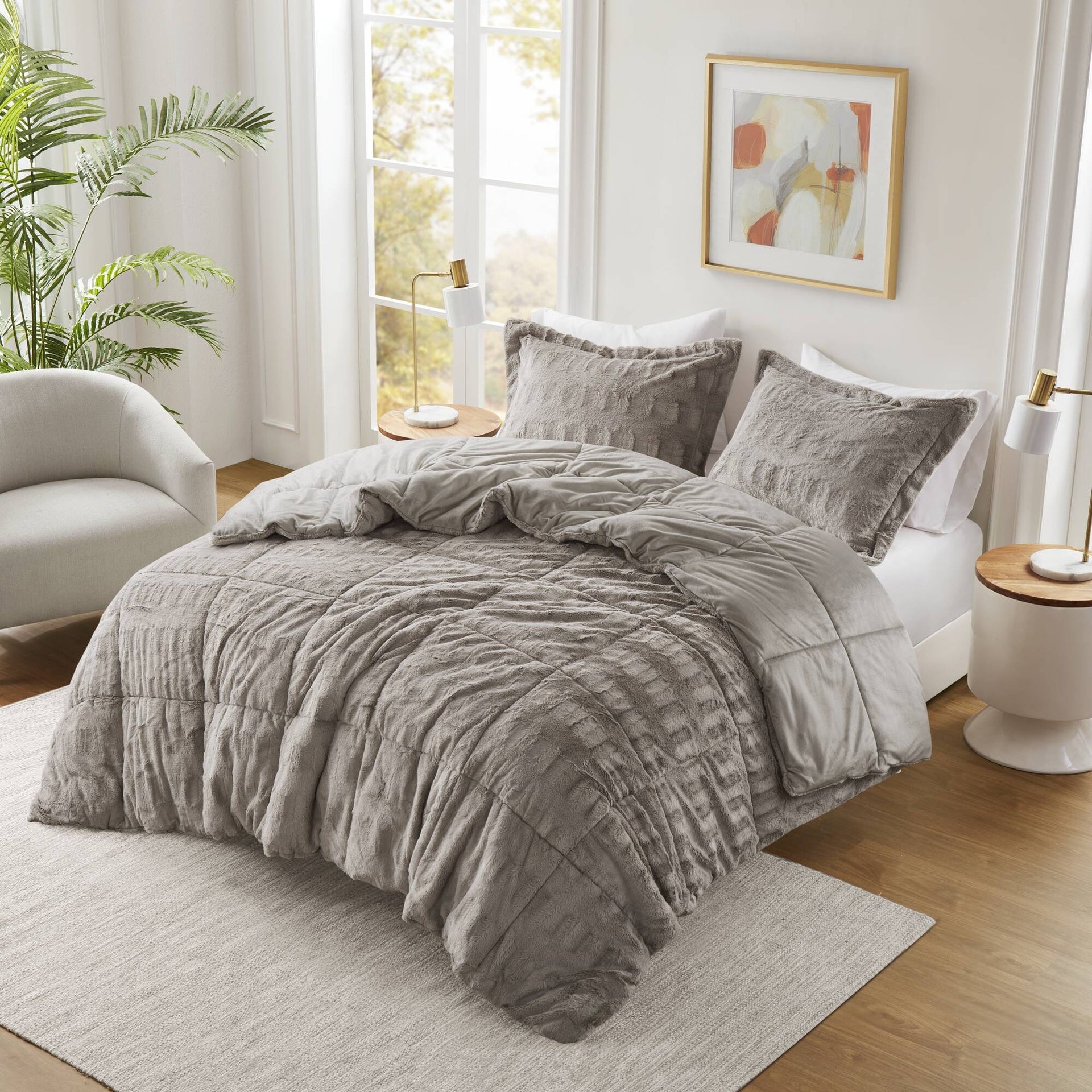 3 PCS Full/Queen Solid Faux Fur Comforter Mini Set Gray
