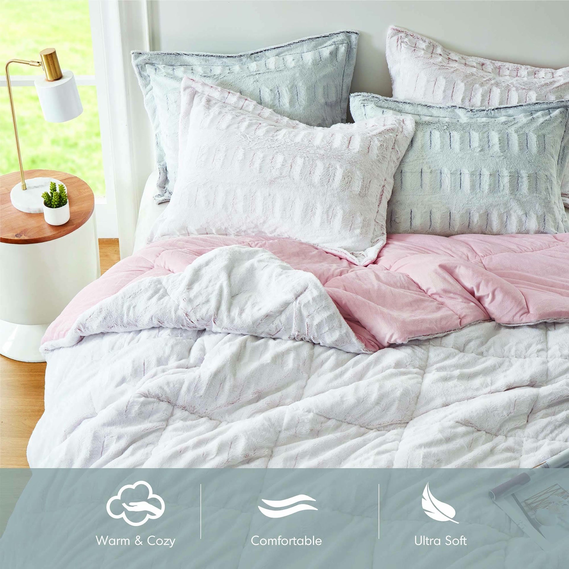 3 PCS Full/Queen Solid Faux Fur Comforter Mini Set Gray