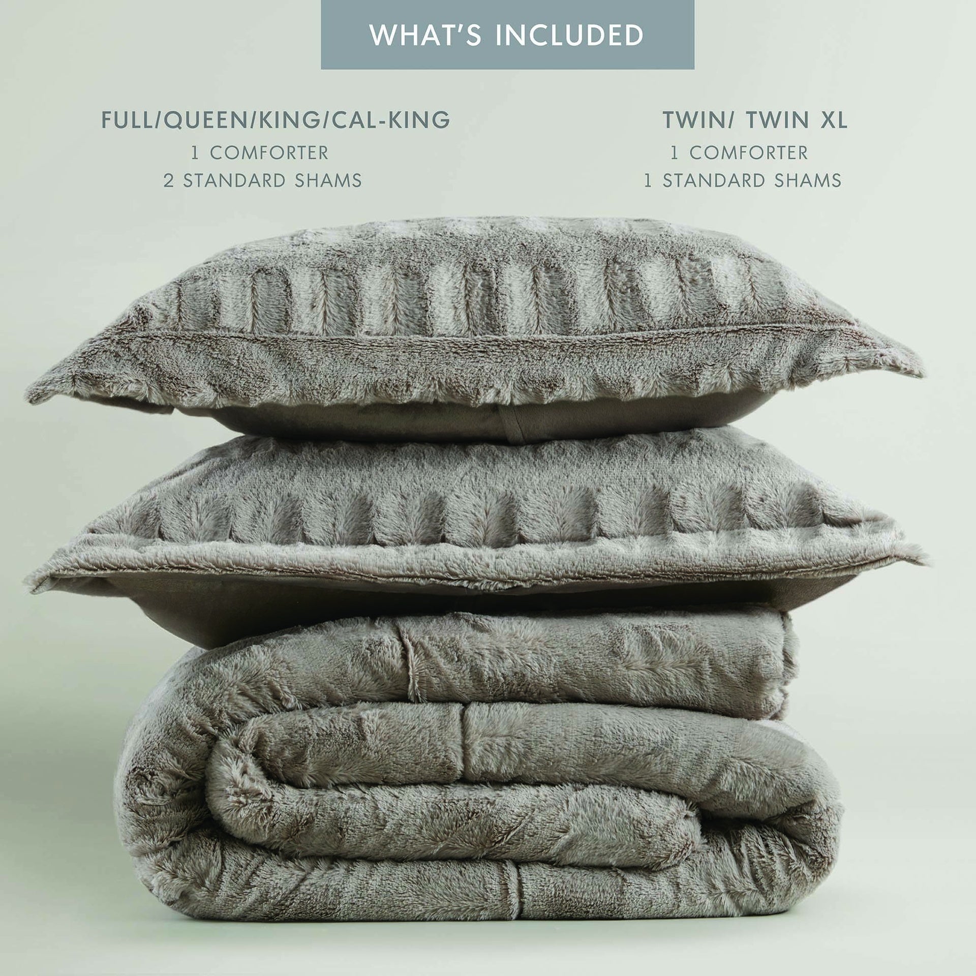 3 PCS Full/Queen Solid Faux Fur Comforter Mini Set Gray
