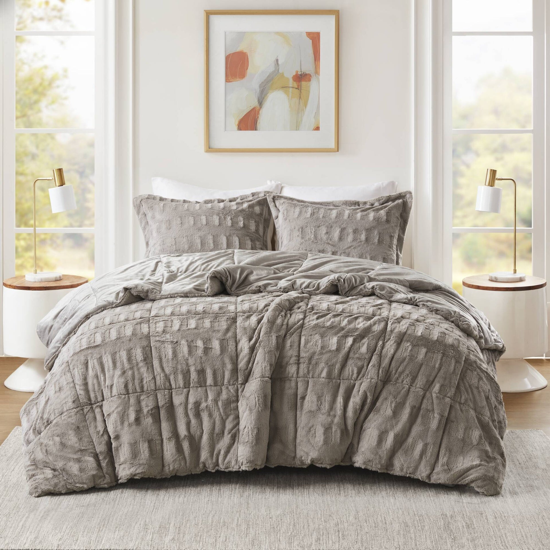 3 PCS Full/Queen Solid Faux Fur Comforter Mini Set Gray