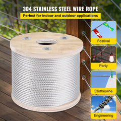 Stainless Steel Cable Railing 3/16"x 250ft, Wire Rope 304 Marine Grade, Braided Aircraft Cable 7x19 Strands Construction for Deck Rail Balusters Stair Handrail Porch Fence