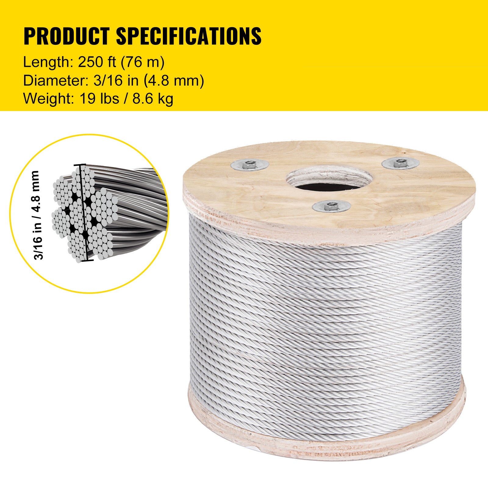 Stainless Steel Cable Railing 3/16"x 250ft, Wire Rope 304 Marine Grade, Braided Aircraft Cable 7x19 Strands Construction for Deck Rail Balusters Stair Handrail Porch Fence