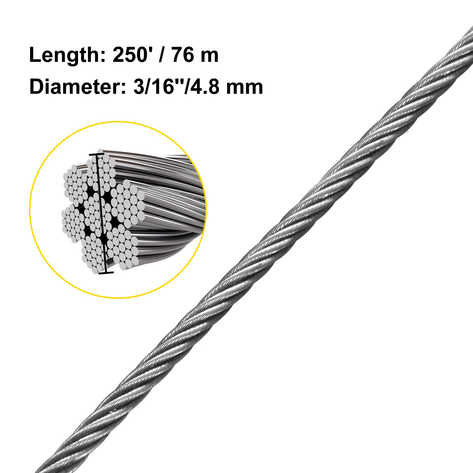 Stainless Steel Cable Railing 3/16"x 250ft, Wire Rope 304 Marine Grade, Braided Aircraft Cable 7x19 Strands Construction for Deck Rail Balusters Stair Handrail Porch Fence