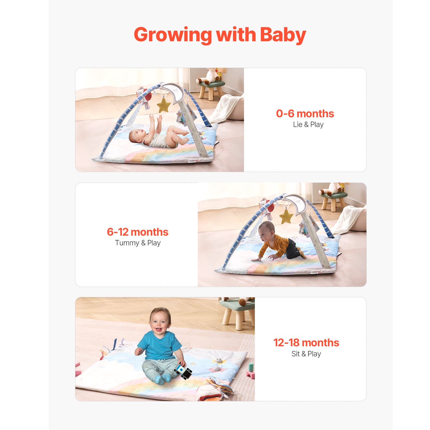 Baby Play Gym Mat Tummy Time Activity Mat with 6 Sensory Toys 35.0" x 35.0"