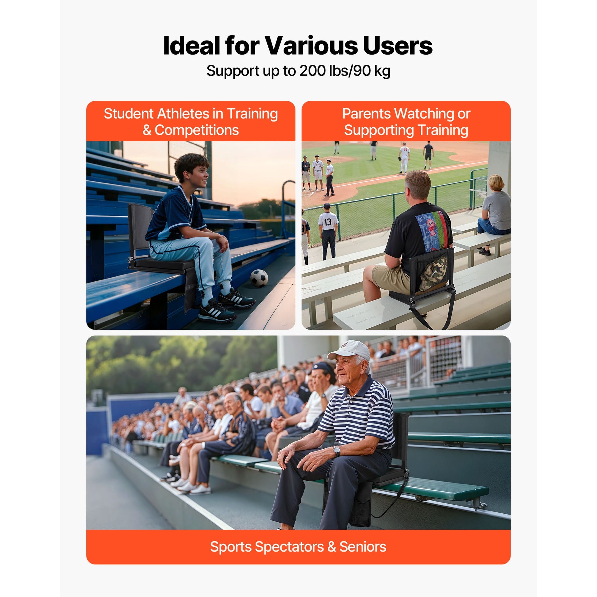 Stadium Seat, Folding Bleacher Chair with Back Support and Thick Cushion, Padded Stadium Seat for Bleacher Includes Shoulder Strap, Hooks, Cup Holder, and Side Pocket, Black Bleachers Chair