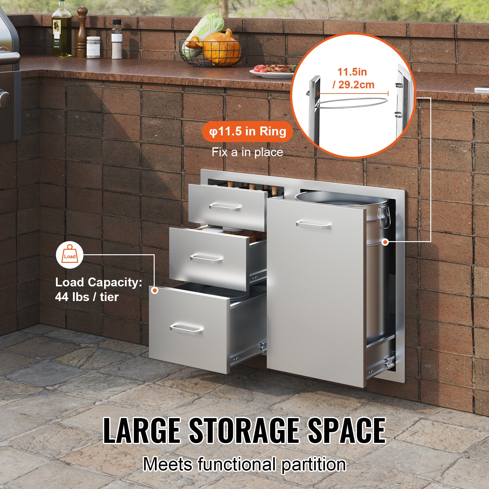 Outdoor Kitchen Door Drawer Combo 29.5" W x 22.6" H x 21.7''D, Access Door/Triple Drawers with Propane Drawer and Adjustable Garbage Ring, Perfect for BBQ Island Patio Grill Station