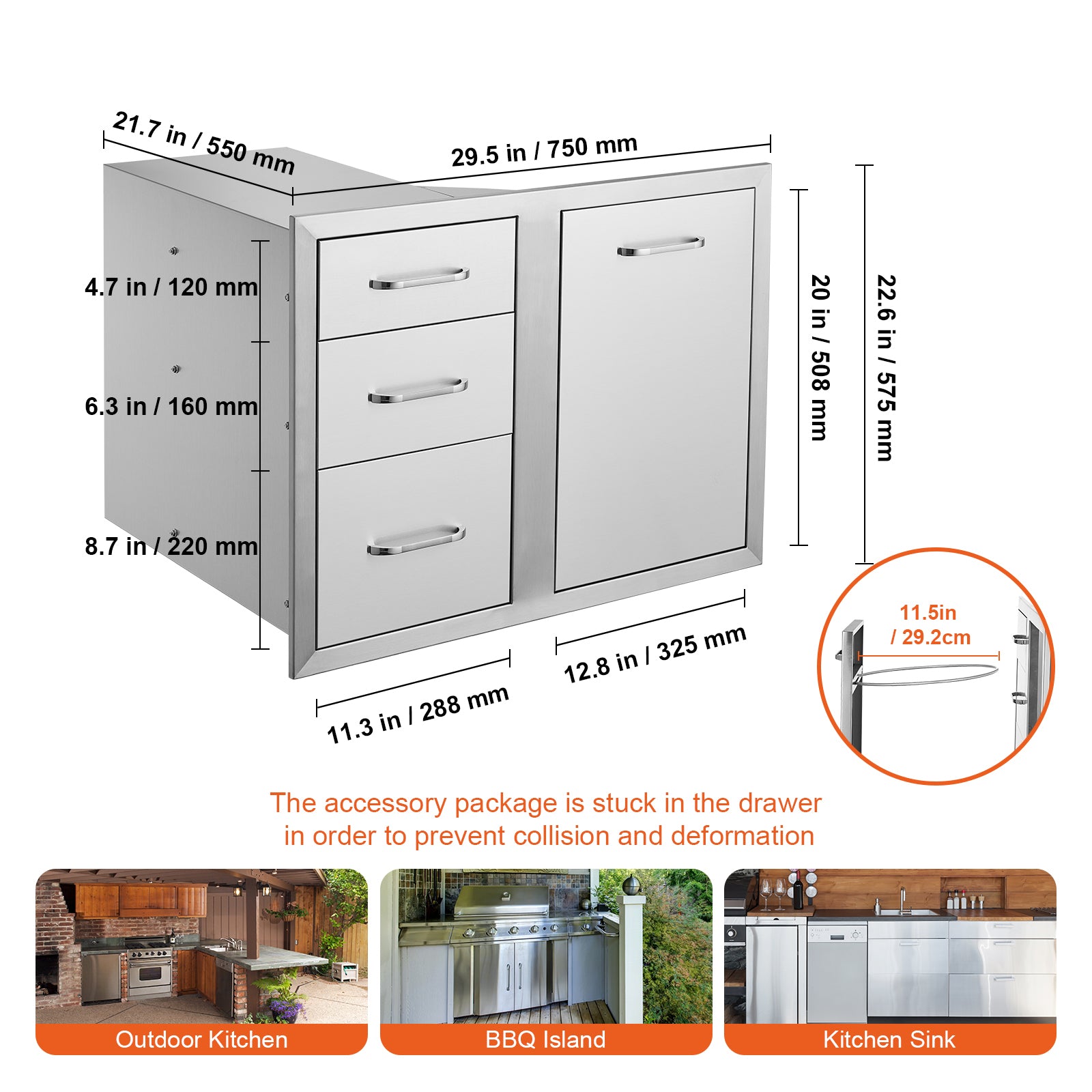 Outdoor Kitchen Door Drawer Combo 29.5" W x 22.6" H x 21.7''D, Access Door/Triple Drawers with Propane Drawer and Adjustable Garbage Ring, Perfect for BBQ Island Patio Grill Station