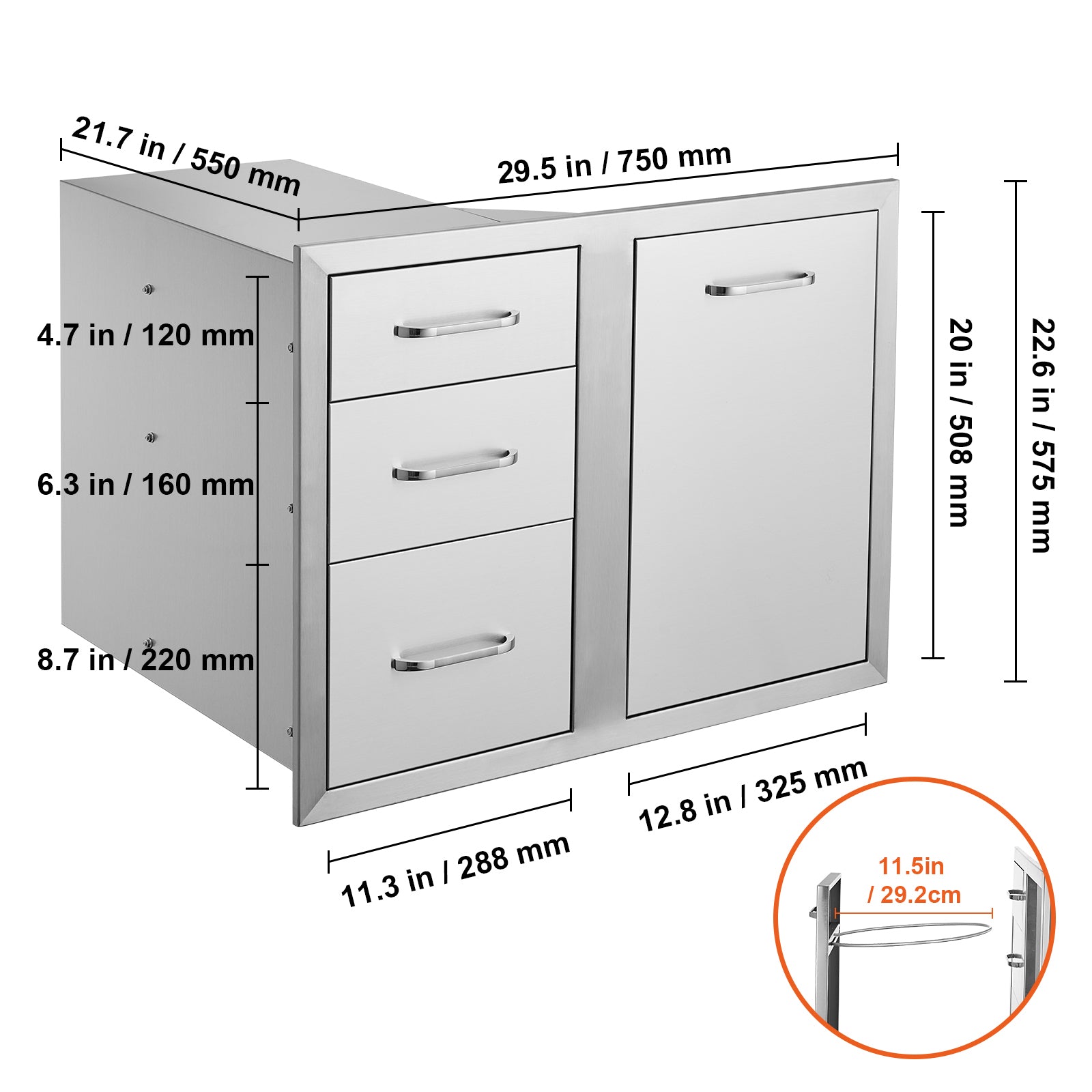 Outdoor Kitchen Door Drawer Combo 29.5" W x 22.6" H x 21.7''D, Access Door/Triple Drawers with Propane Drawer and Adjustable Garbage Ring, Perfect for BBQ Island Patio Grill Station