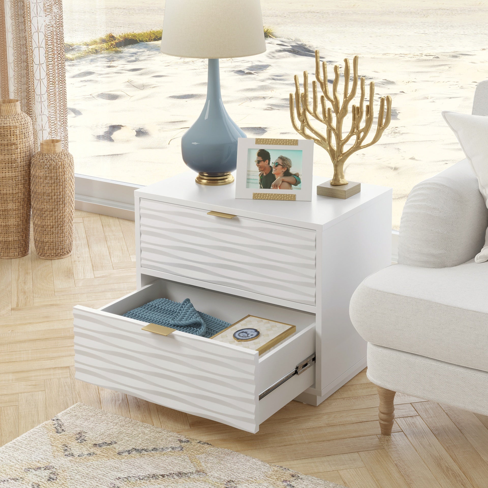 Coastal Nightstands with 2 Spacious Drawers, White finish