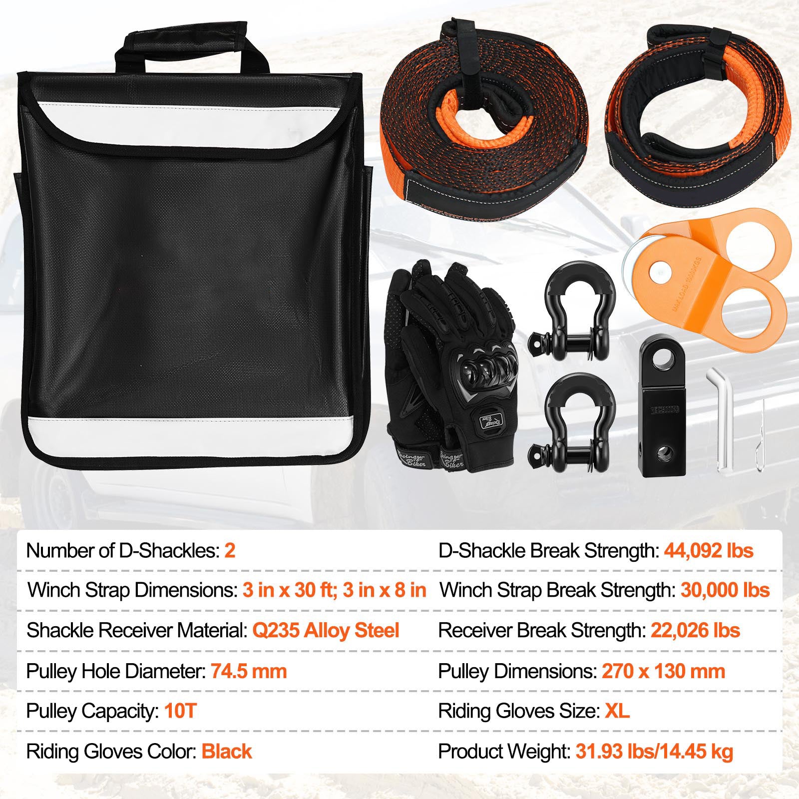 Off-Road Recovery Kit, 3" x 30', Heavy Duty Winch Recovery Kit with 30000 lbs Tow Straps, 44092 lbs D-Ring Shackles, Shackle Receiver, Snatch Block Pulley, Gloves, Storage Bag for ATV Jeep Truck