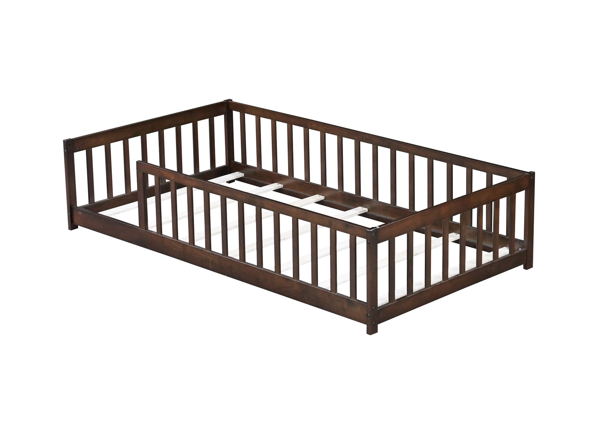 Twin Size Floor Bed with Fence without Door, Rubber Wood Floor Bed with Safety Guardrails,Espresso