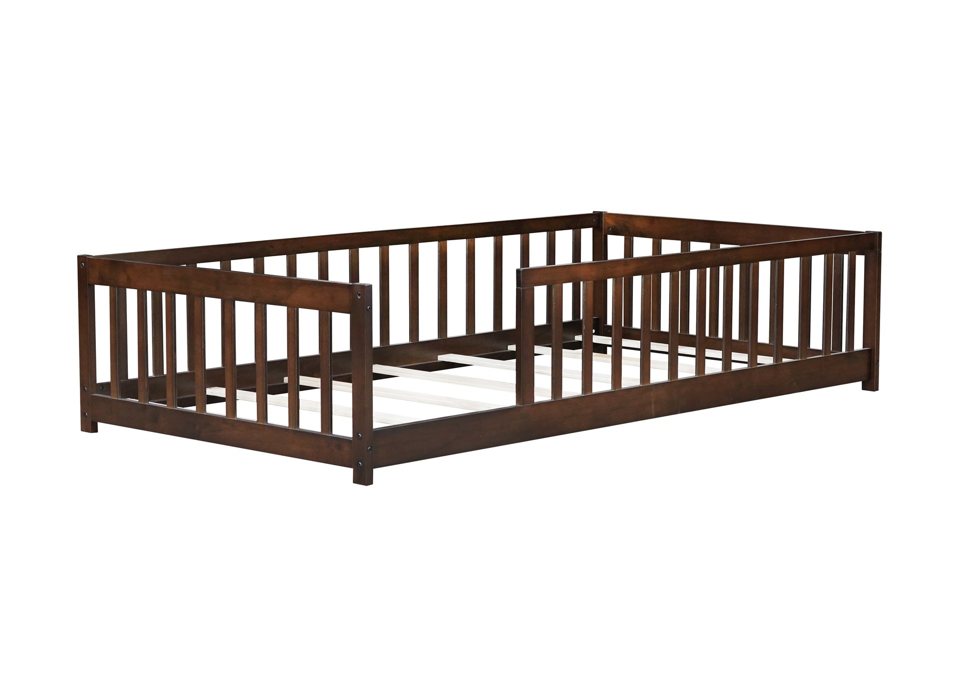 Twin Size Floor Bed with Fence without Door, Rubber Wood Floor Bed with Safety Guardrails,Espresso