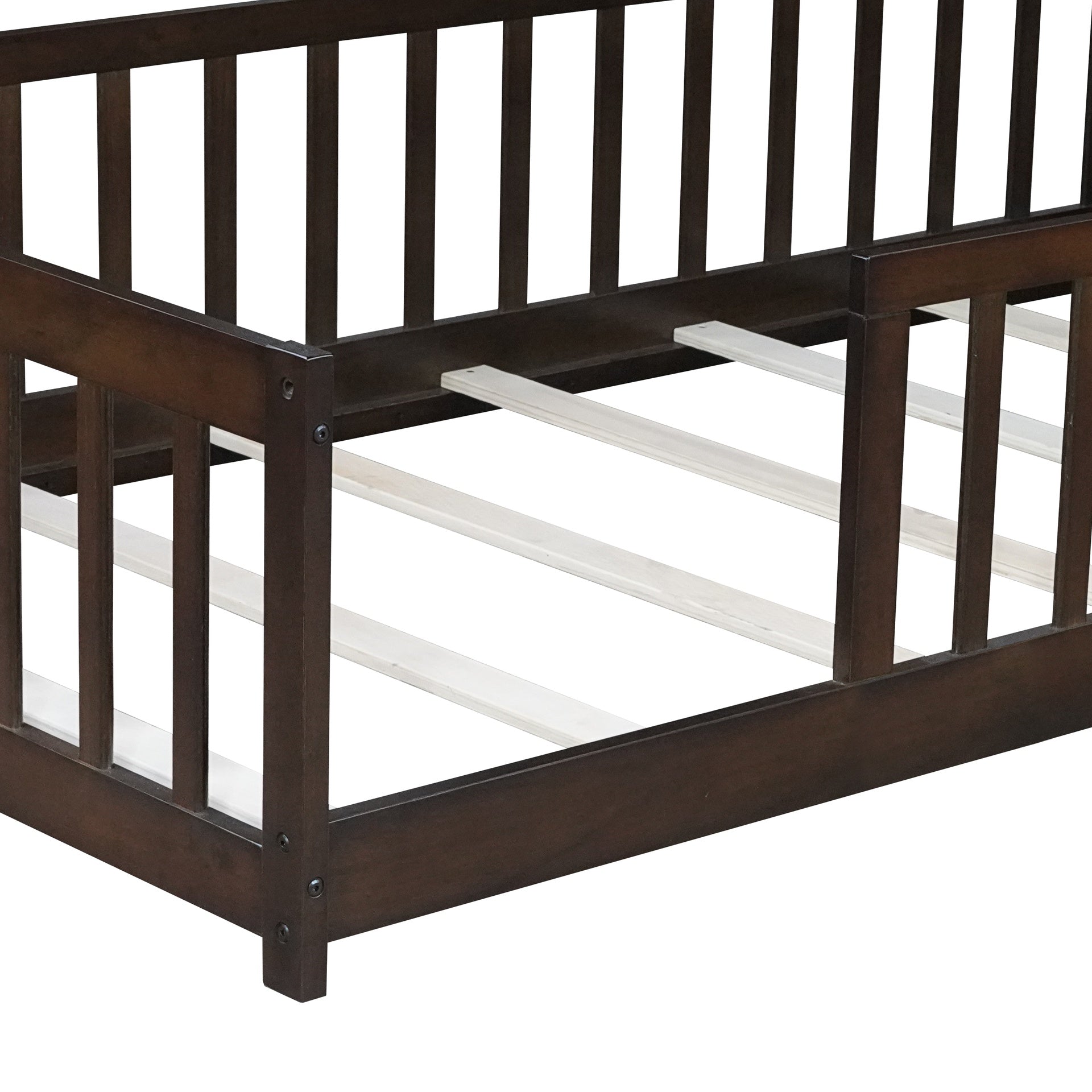 Twin Size Floor Bed with Fence without Door, Rubber Wood Floor Bed with Safety Guardrails,Espresso
