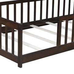 Twin Size Floor Bed with Fence without Door, Rubber Wood Floor Bed with Safety Guardrails,Espresso