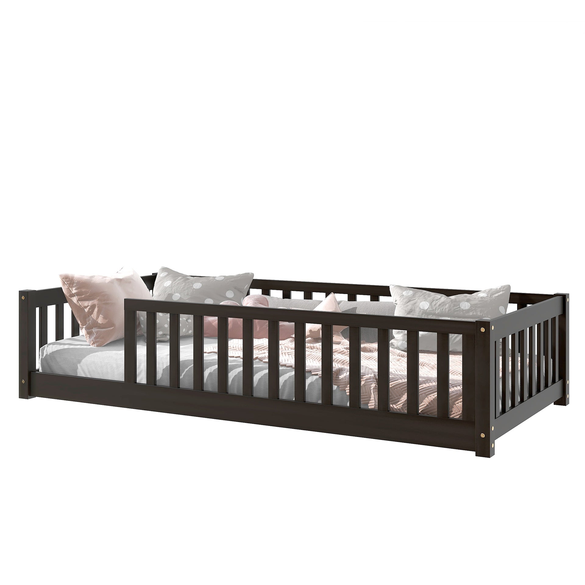Twin Size Floor Bed with Fence without Door, Rubber Wood Floor Bed with Safety Guardrails,Espresso