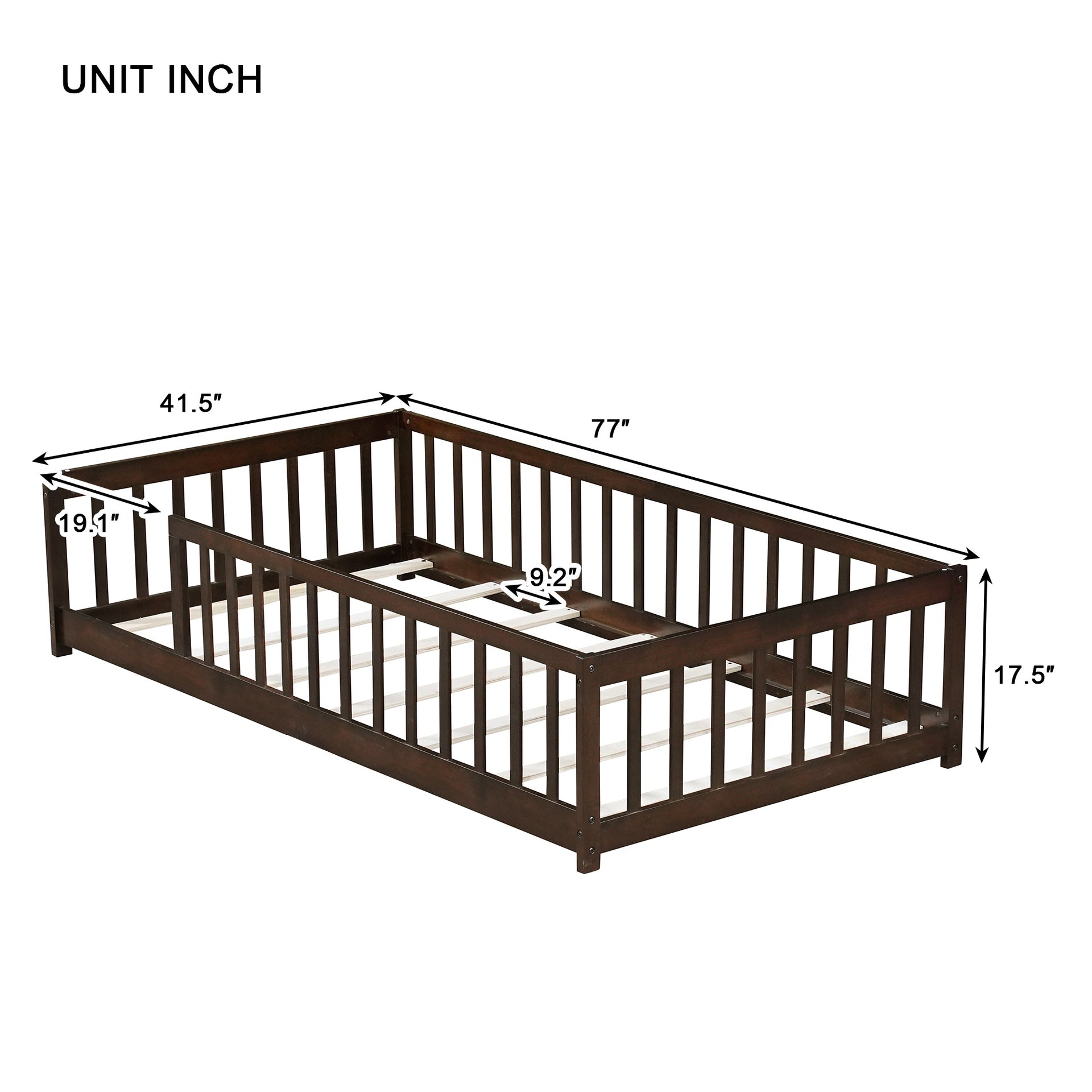 Twin Size Floor Bed with Fence without Door, Rubber Wood Floor Bed with Safety Guardrails,Espresso