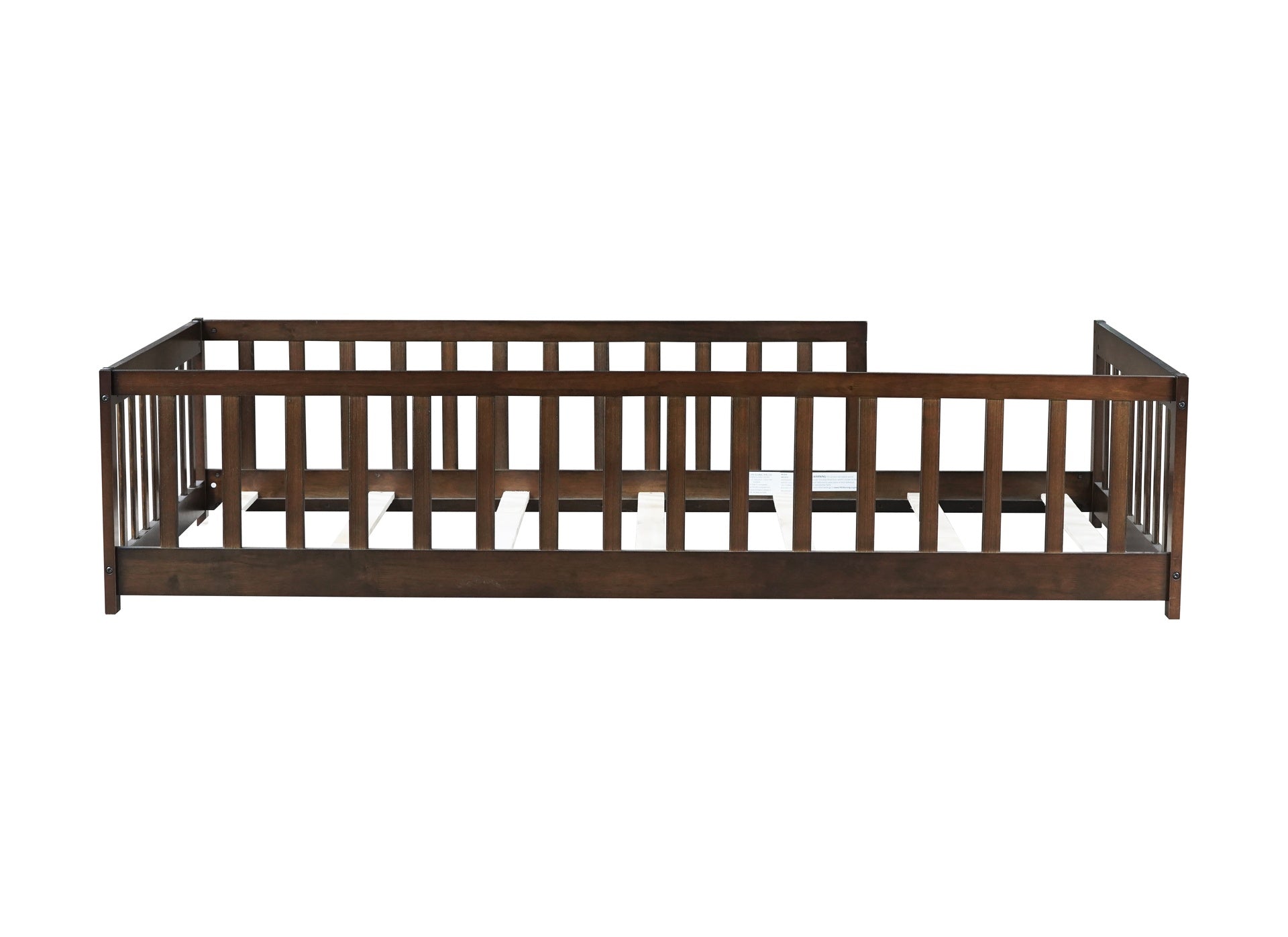 Twin Size Floor Bed with Fence without Door, Rubber Wood Floor Bed with Safety Guardrails,Espresso