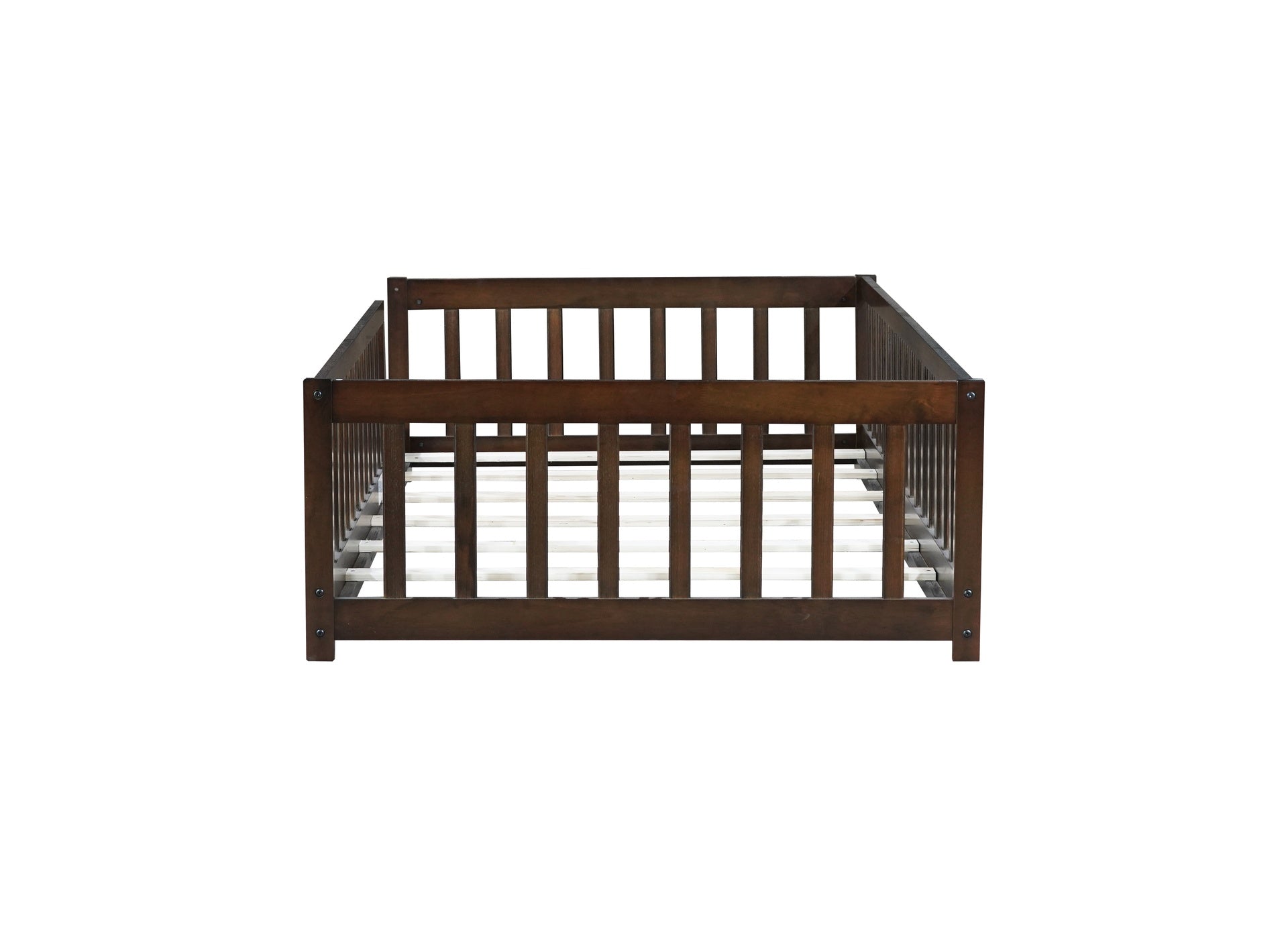 Twin Size Floor Bed with Fence without Door, Rubber Wood Floor Bed with Safety Guardrails,Espresso