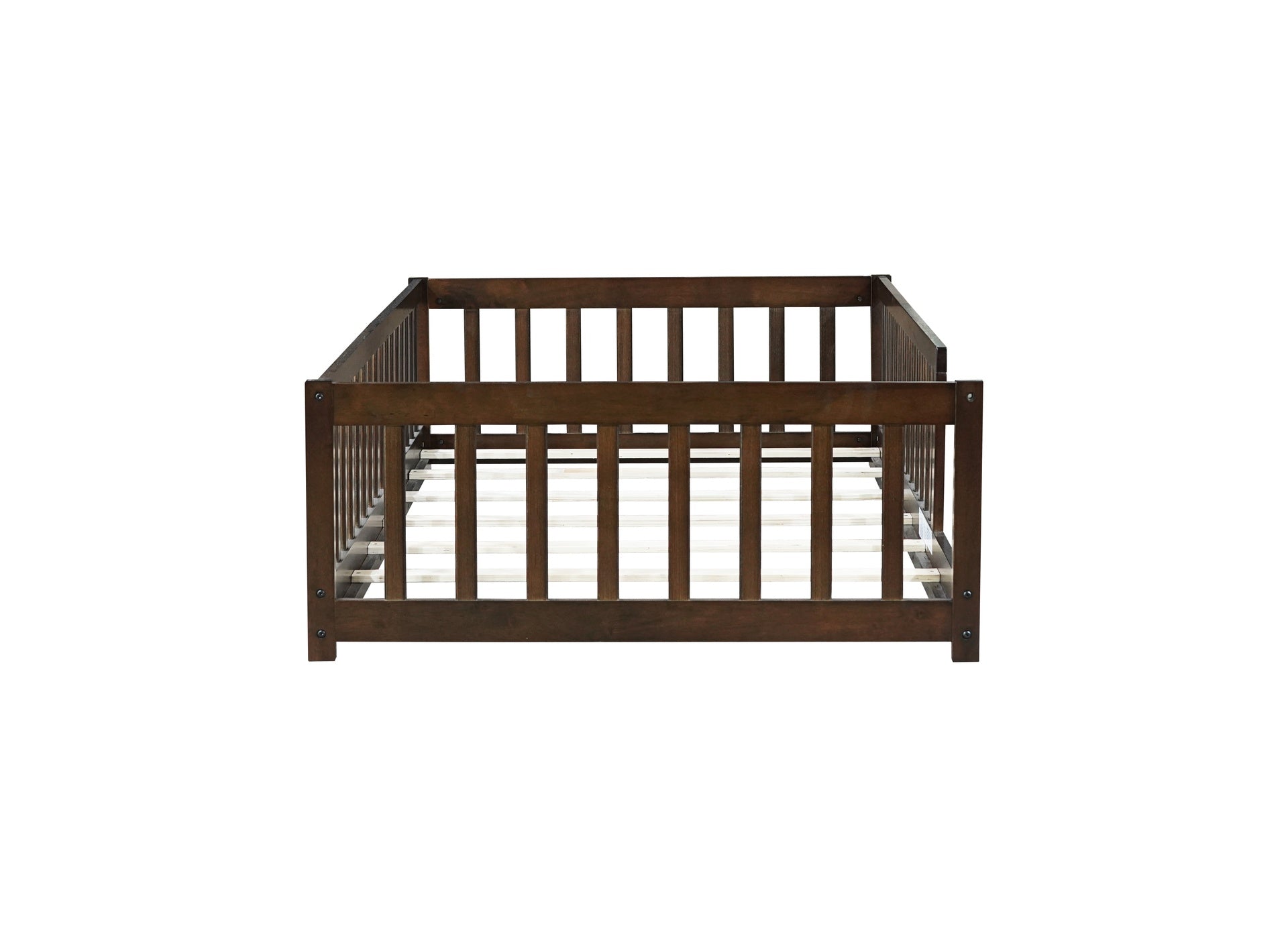 Twin Size Floor Bed with Fence without Door, Rubber Wood Floor Bed with Safety Guardrails,Espresso