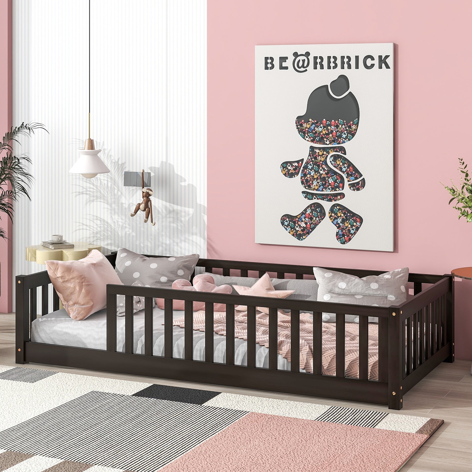 Twin Size Floor Bed with Fence without Door, Rubber Wood Floor Bed with Safety Guardrails,Espresso
