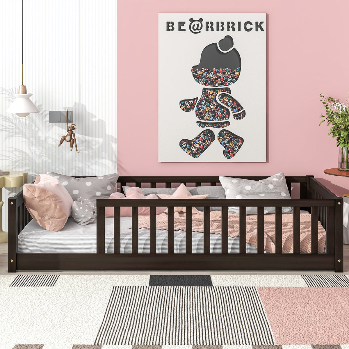 Twin Size Floor Bed with Fence without Door, Rubber Wood Floor Bed with Safety Guardrails,Espresso