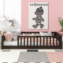 Twin Size Floor Bed with Fence without Door, Rubber Wood Floor Bed with Safety Guardrails,Espresso