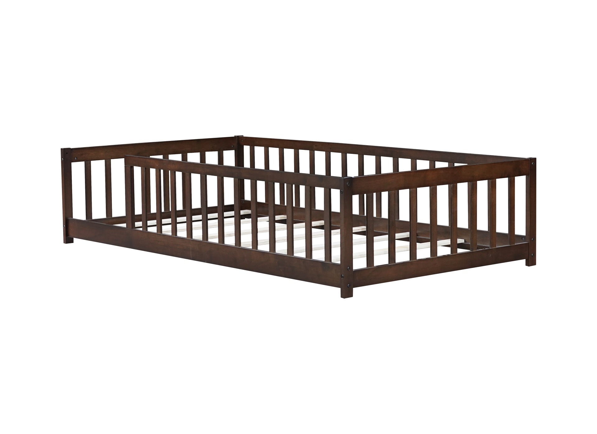 Twin Size Floor Bed with Fence without Door, Rubber Wood Floor Bed with Safety Guardrails,Espresso
