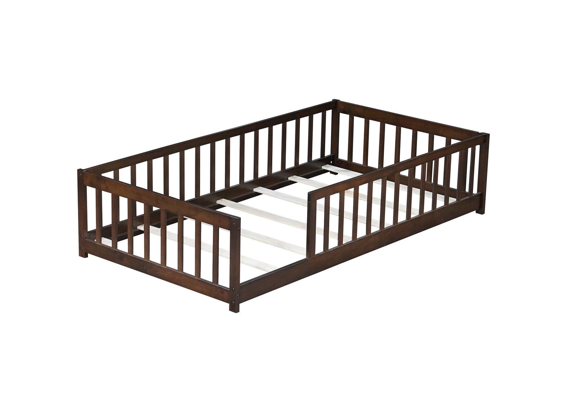 Twin Size Floor Bed with Fence without Door, Rubber Wood Floor Bed with Safety Guardrails,Espresso