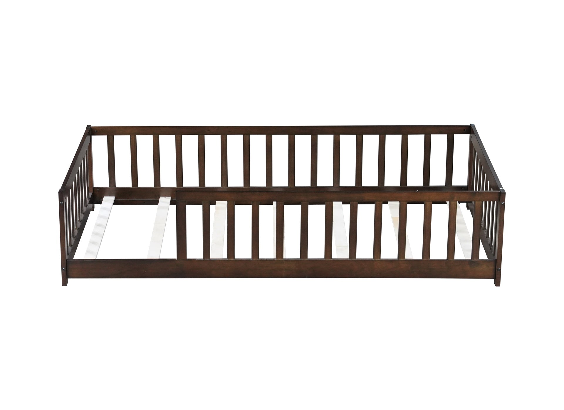Twin Size Floor Bed with Fence without Door, Rubber Wood Floor Bed with Safety Guardrails,Espresso