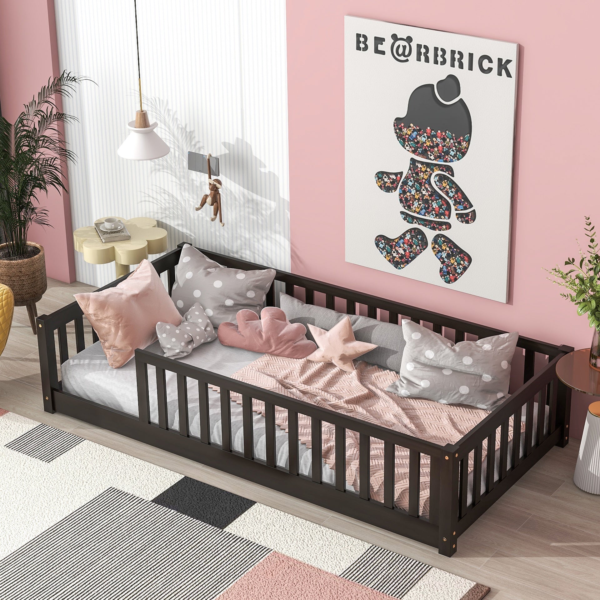 Twin Size Floor Bed with Fence without Door, Rubber Wood Floor Bed with Safety Guardrails,Espresso
