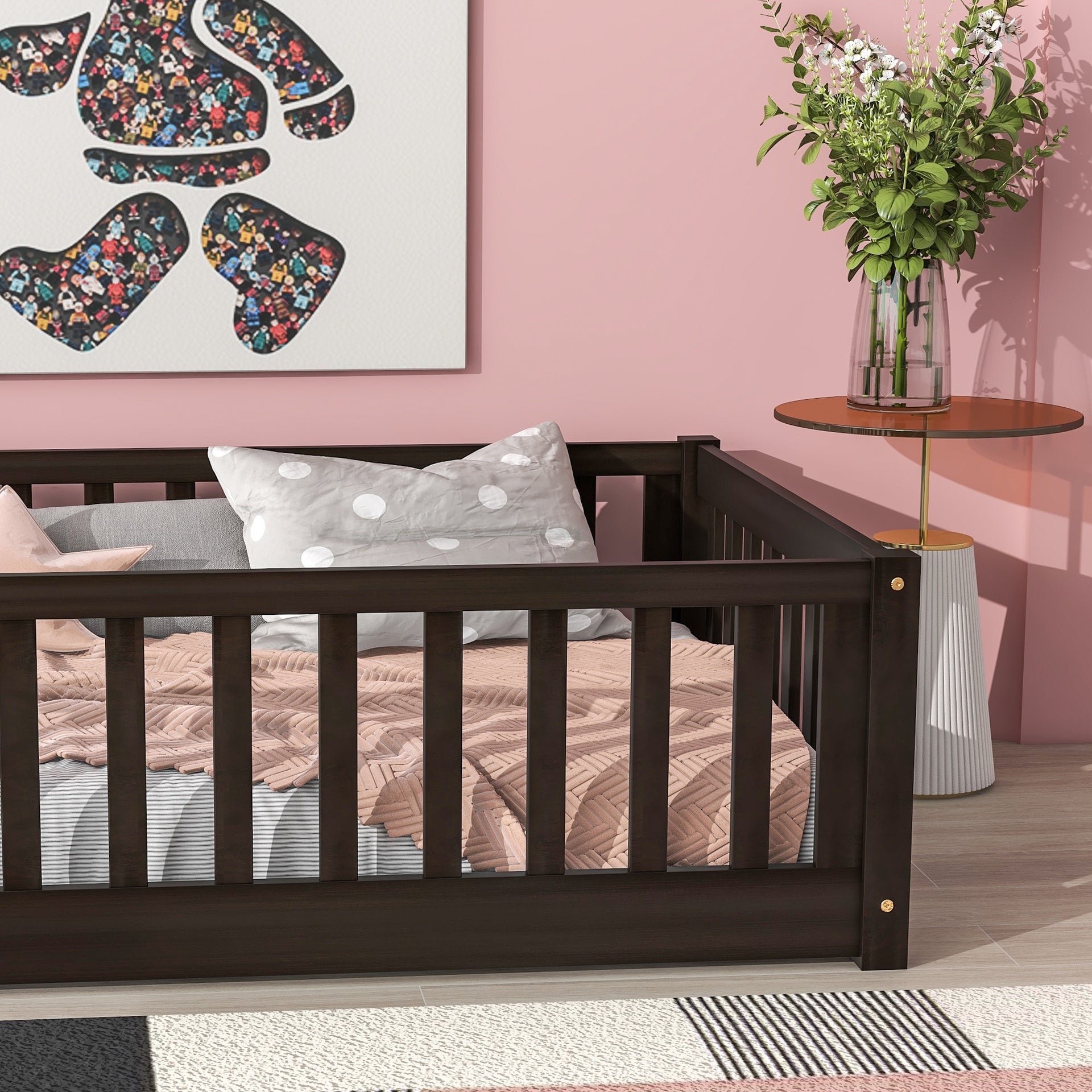 Twin Size Floor Bed with Fence without Door, Rubber Wood Floor Bed with Safety Guardrails,Espresso