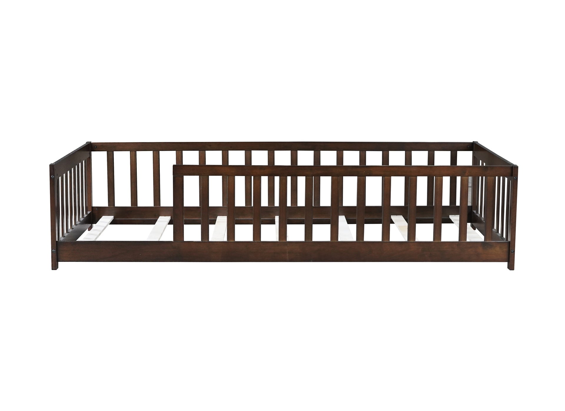 Twin Size Floor Bed with Fence without Door, Rubber Wood Floor Bed with Safety Guardrails,Espresso