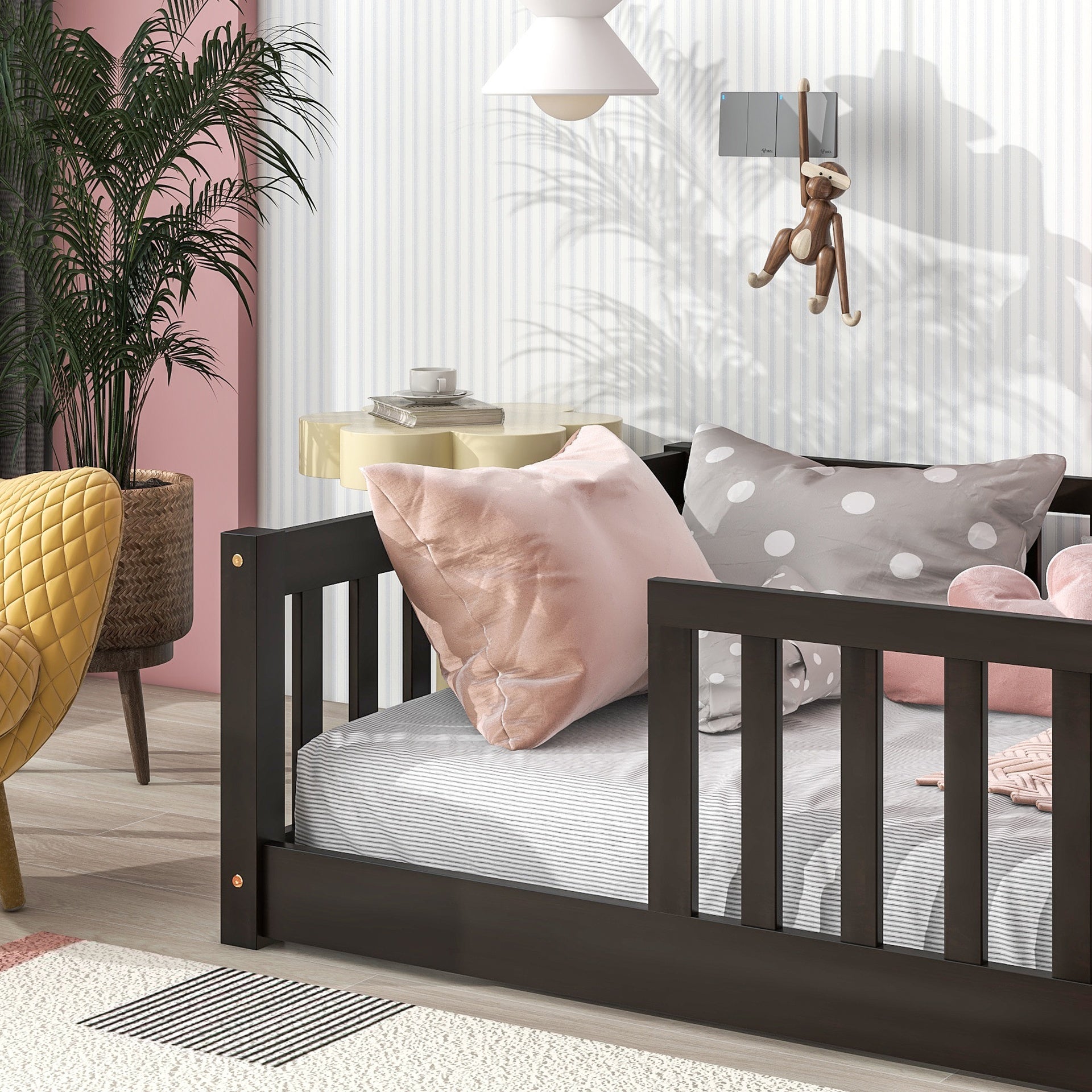 Twin Size Floor Bed with Fence without Door, Rubber Wood Floor Bed with Safety Guardrails,Espresso